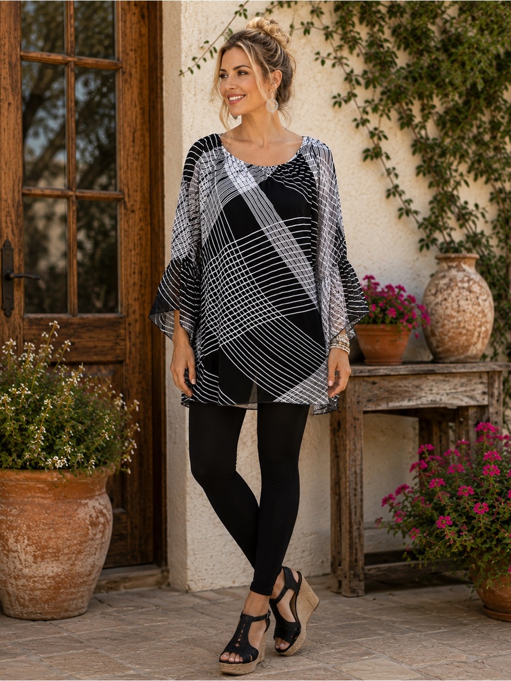 New Directions Black White Abstract Tunic Bell Sleeve Top M